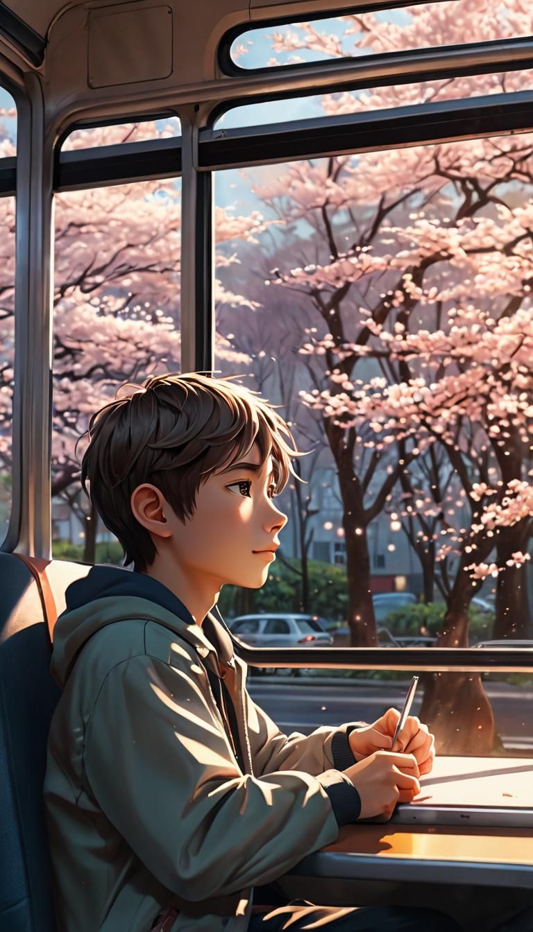 Anime Boy on Moving Bus in Soft Sunlight