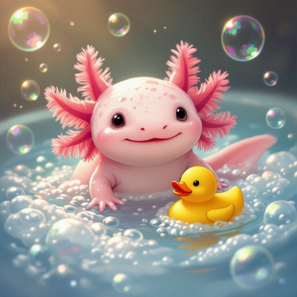 Cute Axolotl Enjoys Bubble Bath with Rubber Ducky