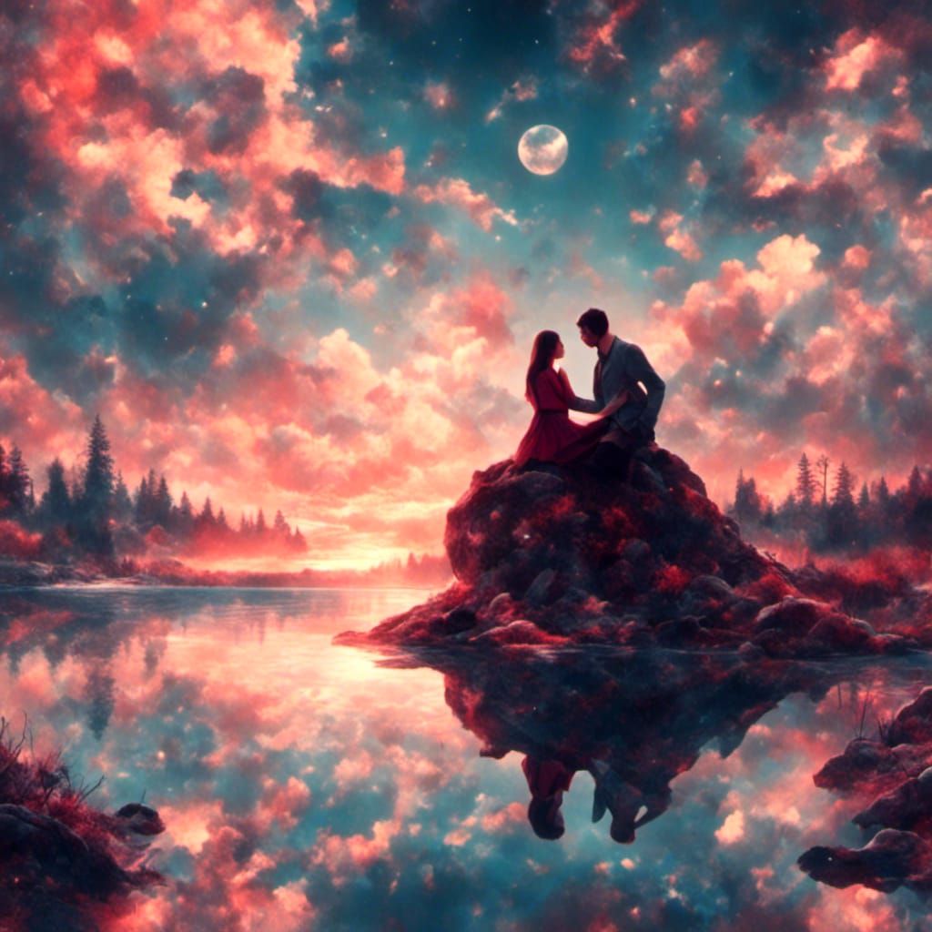 Romantic Sunset Kiss Double Exposure
