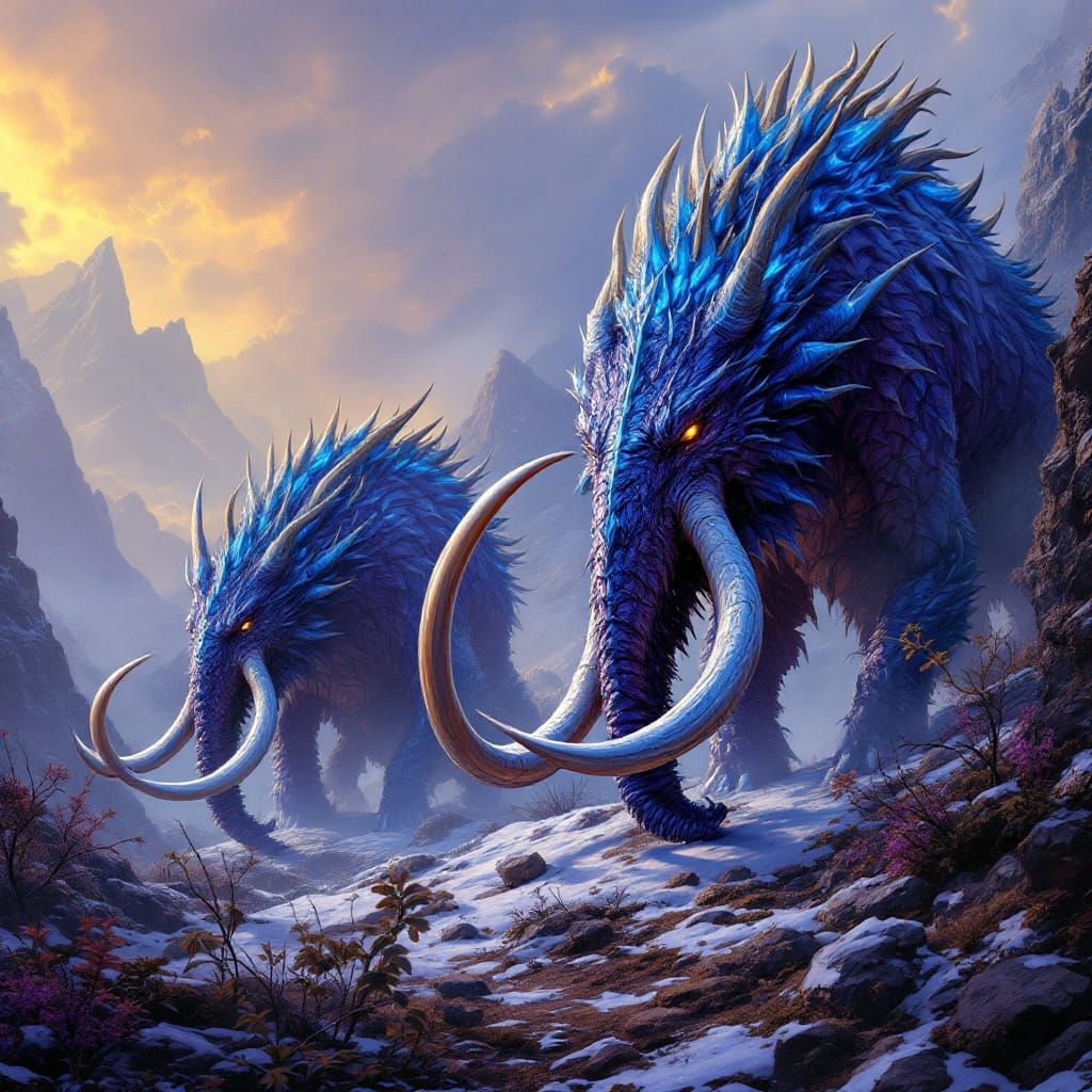Mammoth Dragon Hybrids Graze Mountain, Dark Fantasy