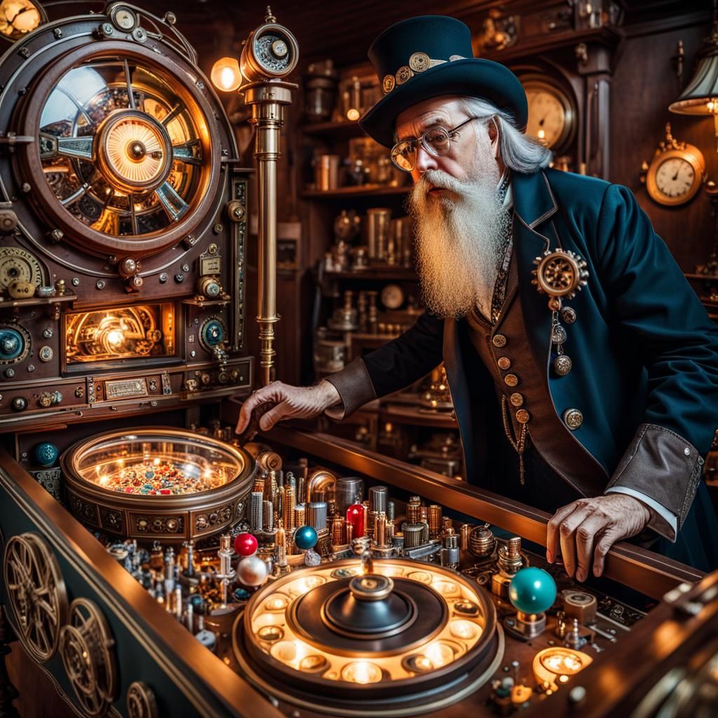 Wizard Plays Steampunk Pinball Machine in Photorealistic Sty...
