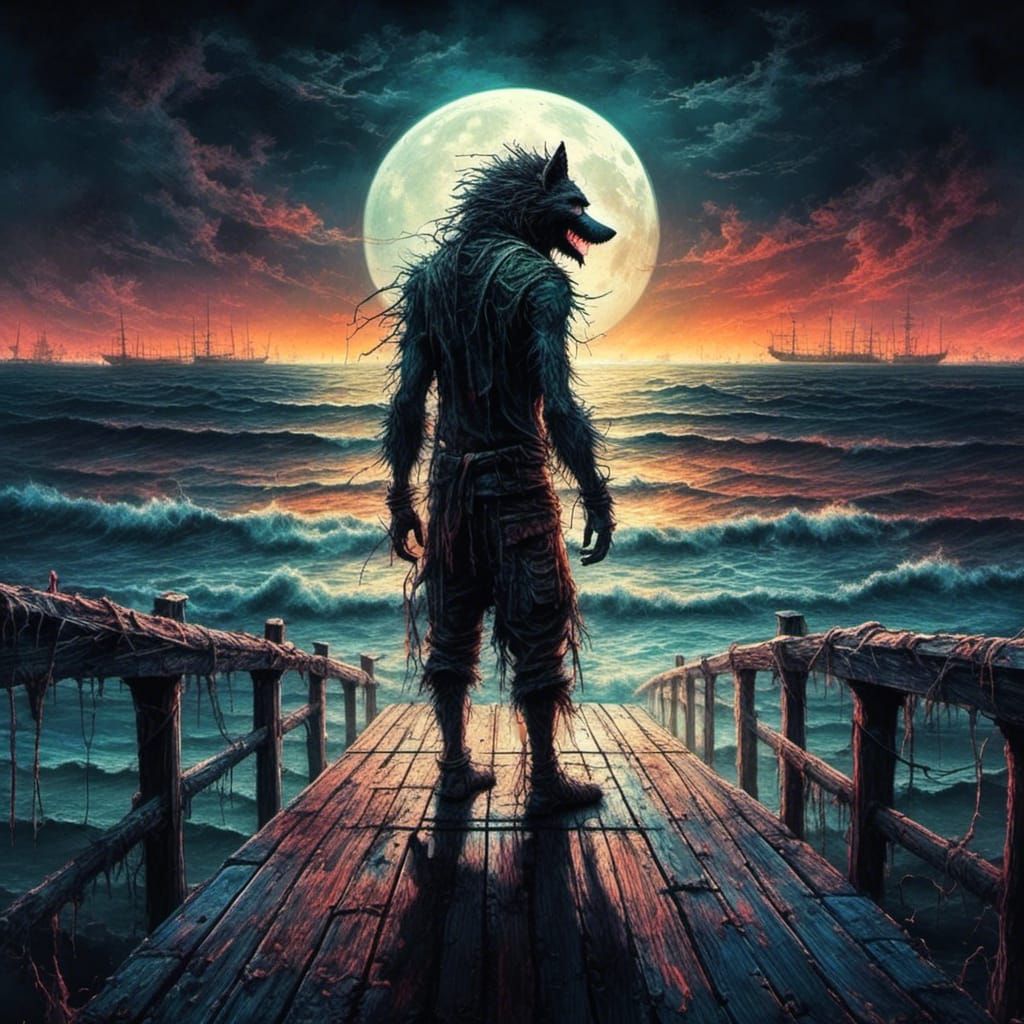 Werewolf on Pier Under Moonlight