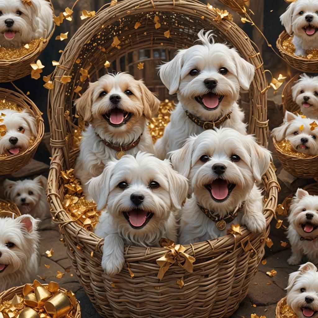 Happy Maltese Dogs in Golden Dust, Detailed Digital Painting