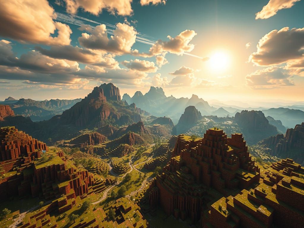 Epic Blocky Minecraft Landscape in Dystopian Futurist Style