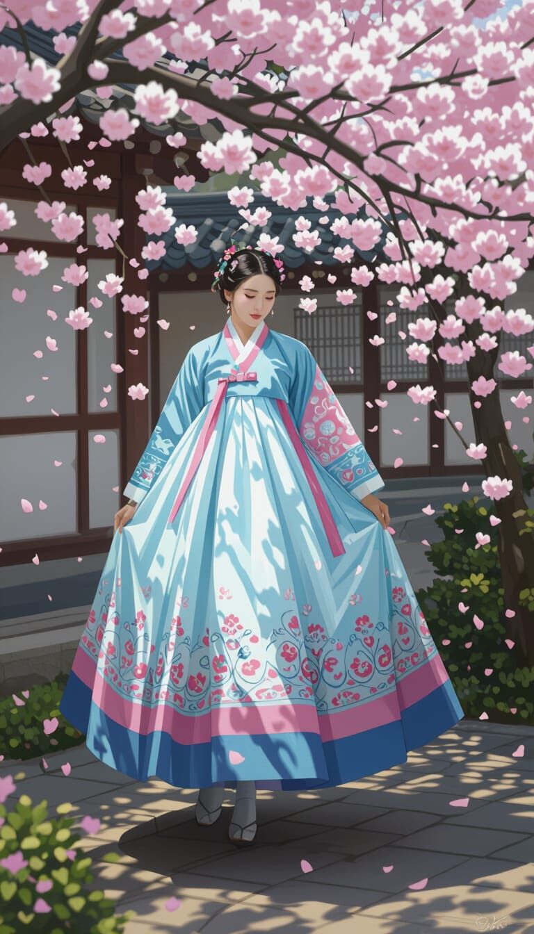 Woman in Vibrant Blue and Pink Hanbok Amidst Cherry Blossoms