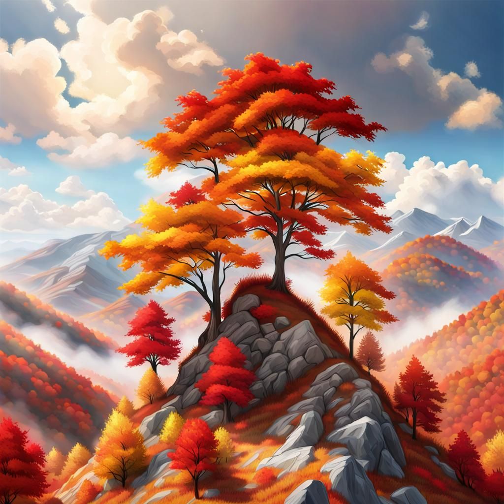 Hyperrealistic Autumn Mountain Landscape in Sunlight