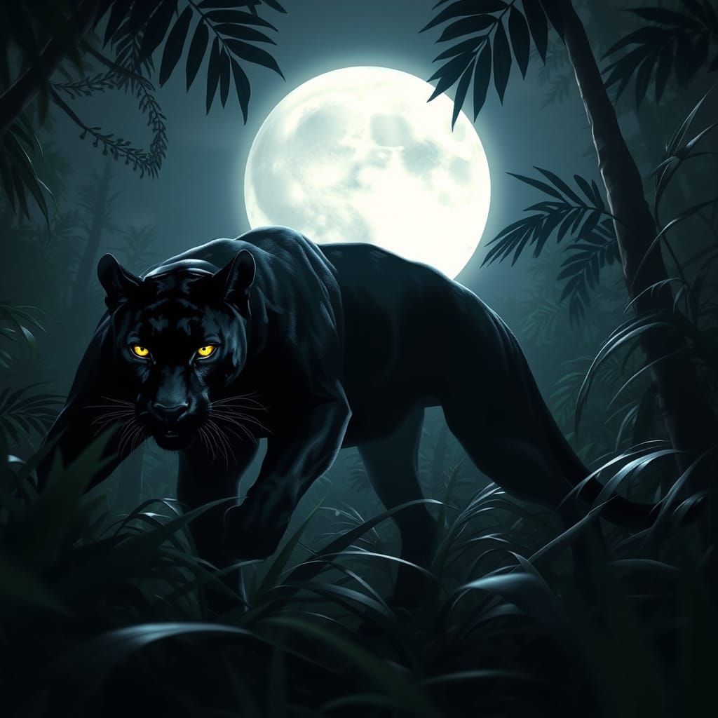 Black Panther Prowling Jungle in Moonlight