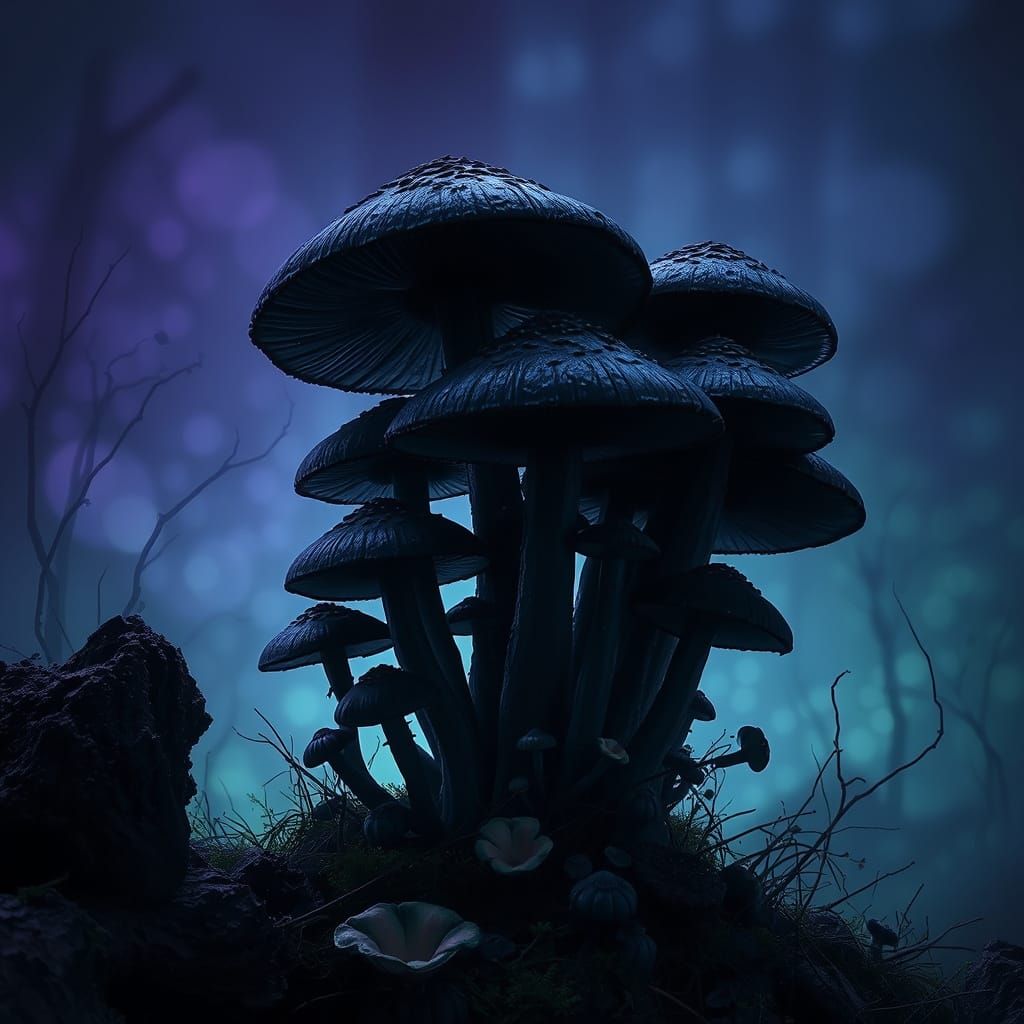 Gothic Mushrooms Cluster in Dark, Ominous Landscape