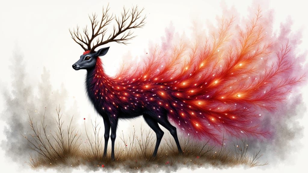 Majestic Deer-Peacock Hybrid in Watercolor Landscape