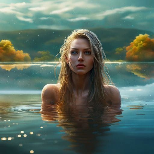 Woman Bathes in River with Radiant Glow