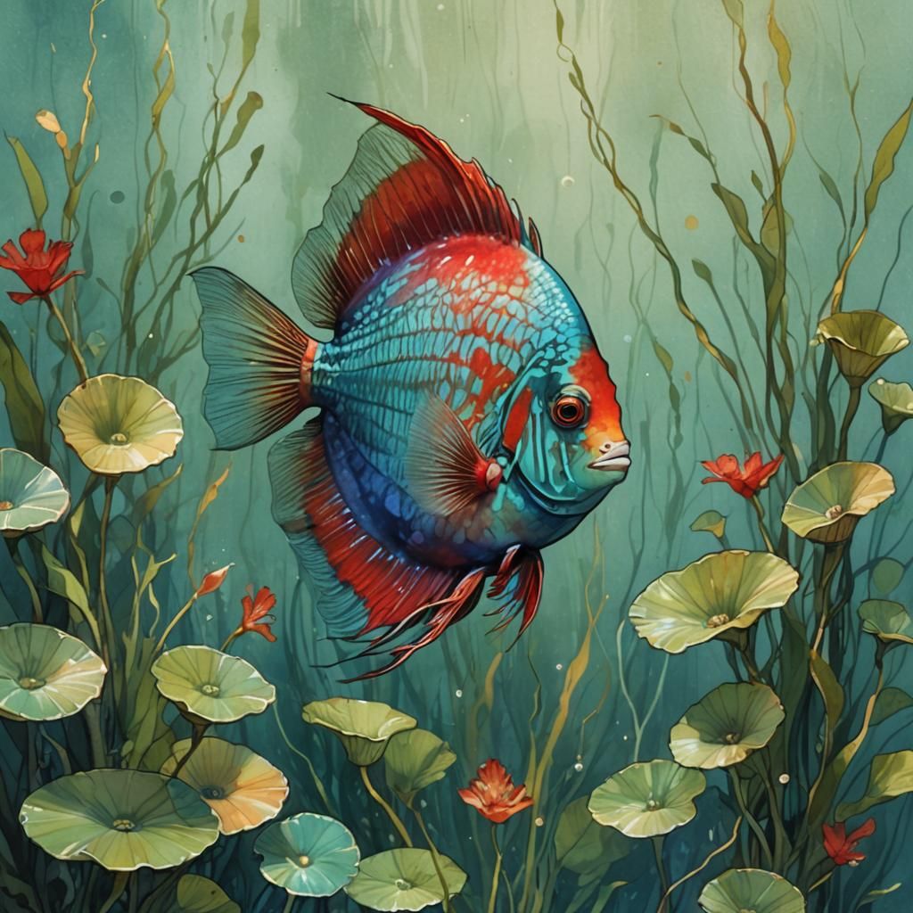 Iridescent Discus Fish in Watercolor Style