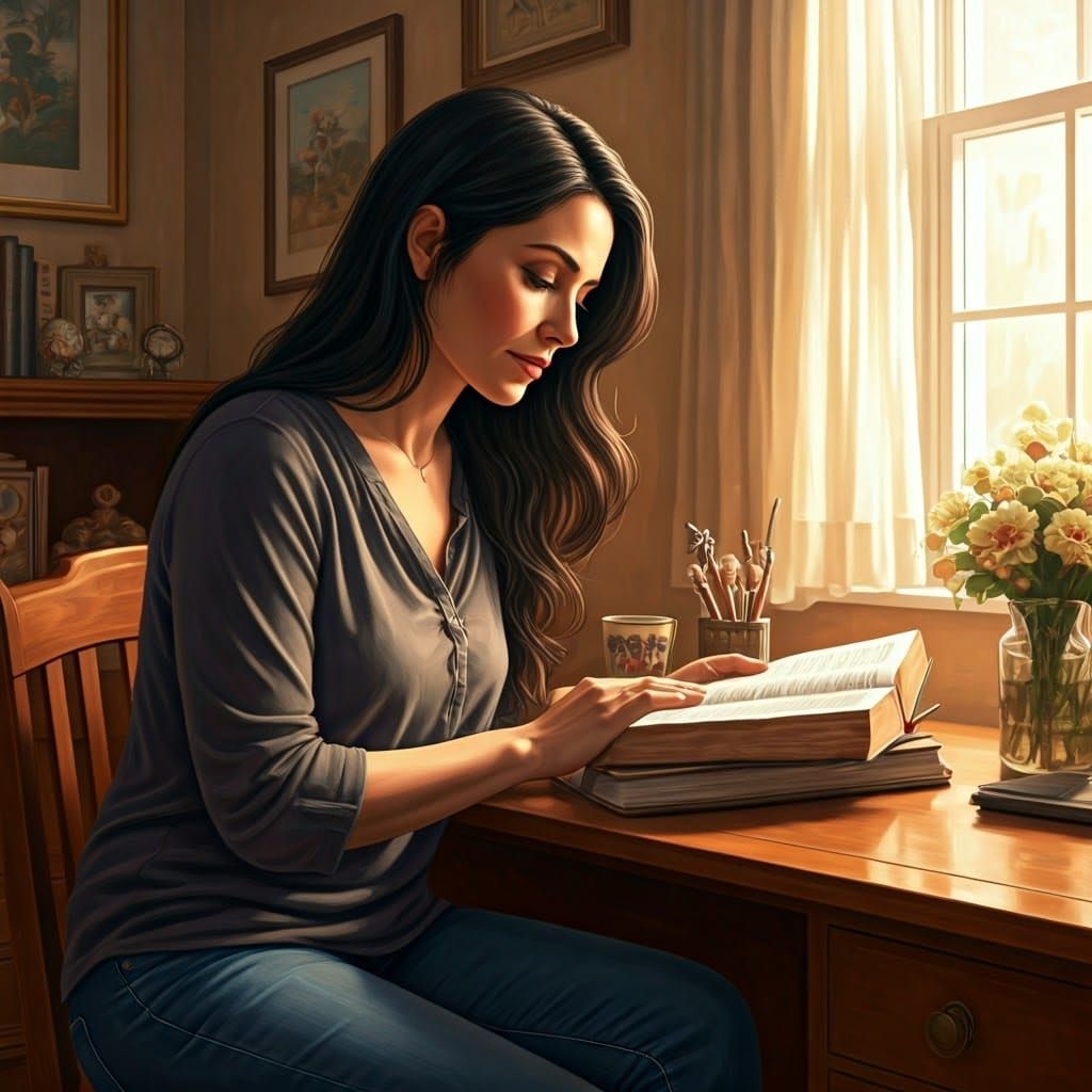 Serene Woman Reading Bible in Cozy Living Room