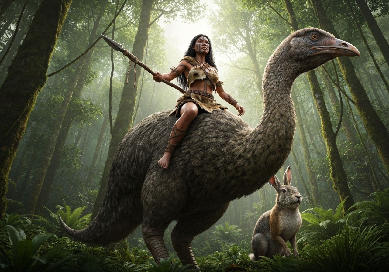 Maori Woman Hunting on Giant Moa Bird