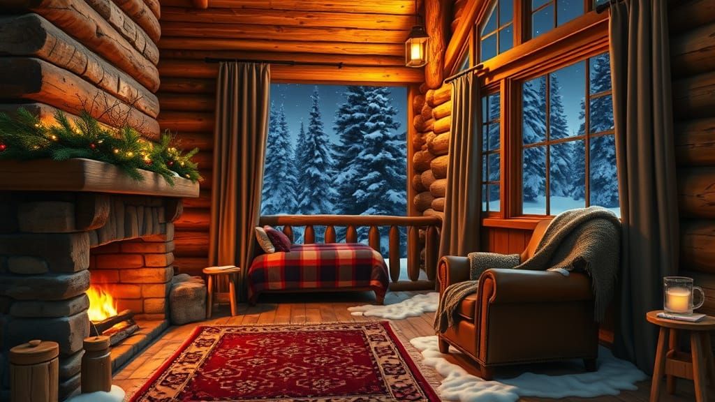 Cozy Winter Wonderland Log Cabin Scene in Rustic Style