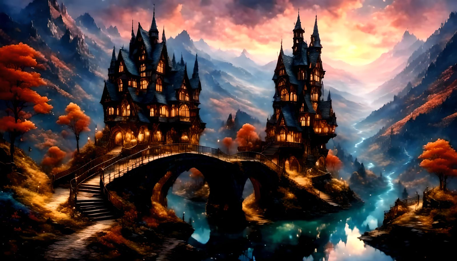 <lora:BlueNights1:1.0> fantasy fairy world, bridge