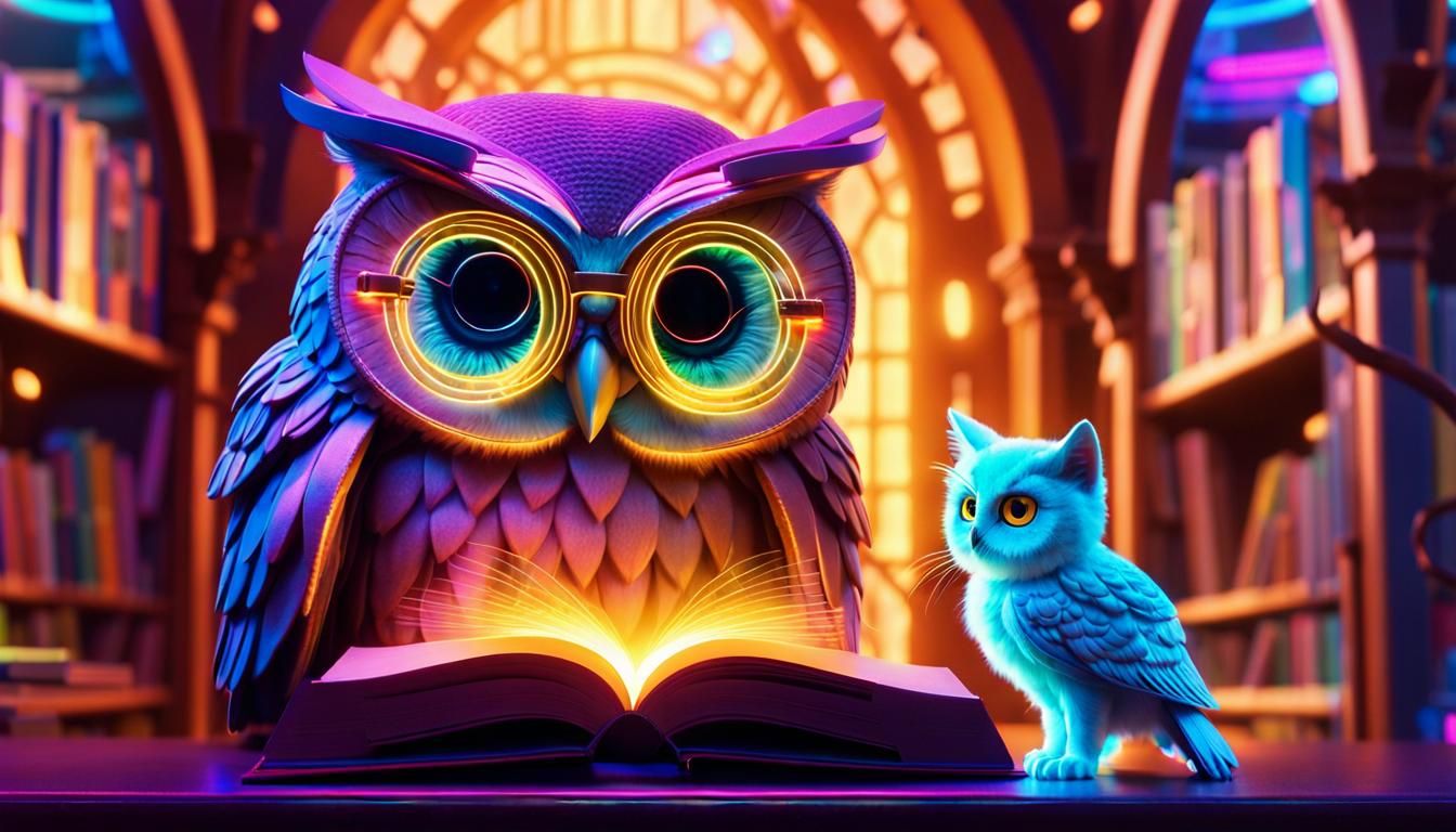 Owl Reads to Kitten in Neon Library