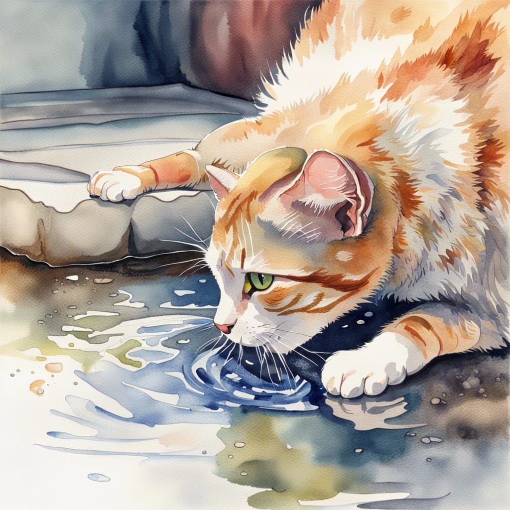 Cat Pawing Water: Watercolor Art in Vivid Colors