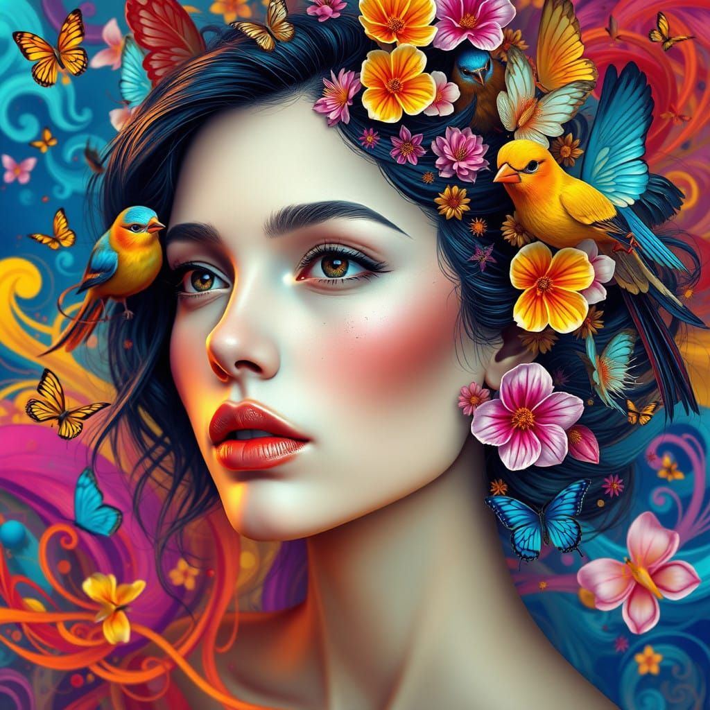 Surreal Woman's Portrait with Vibrant Birds and Flowers in H...
