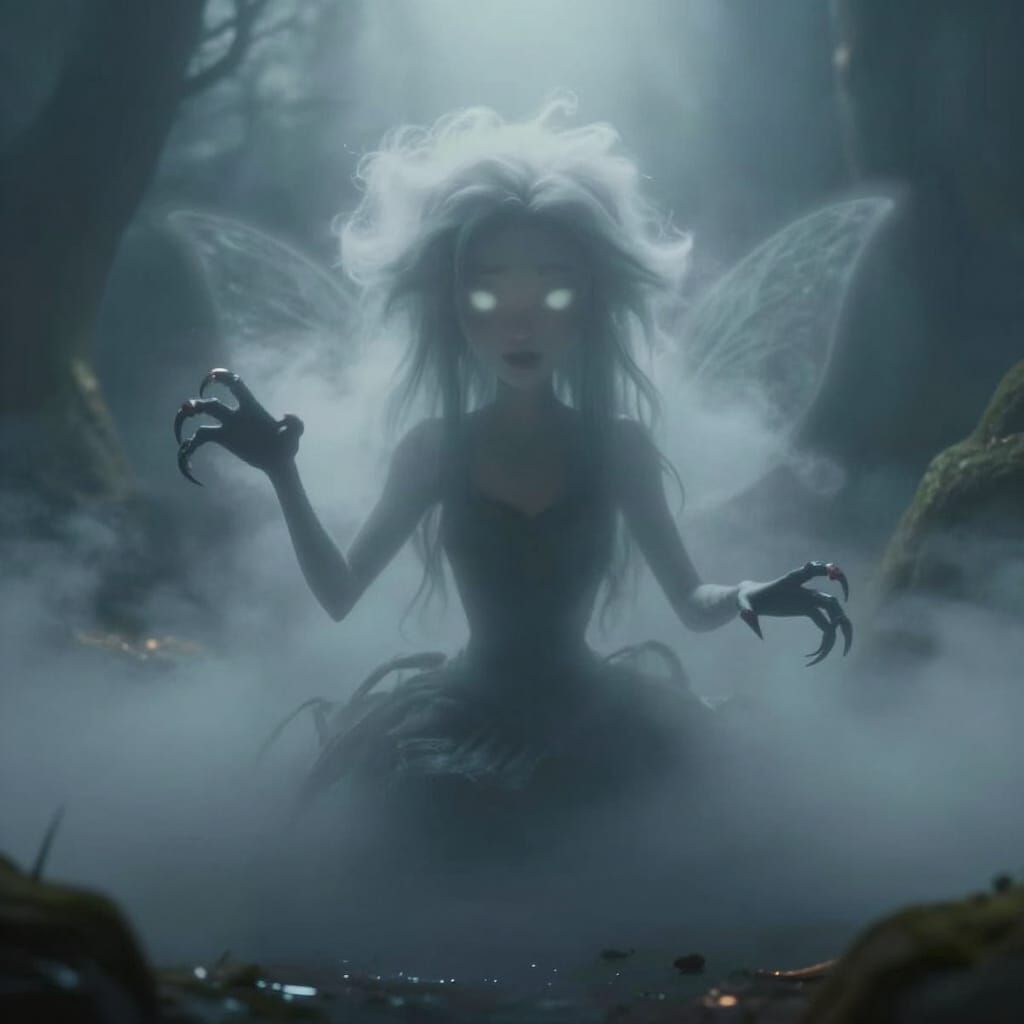 Fairy Lost in Volumetric Fog with Glowing Eyes