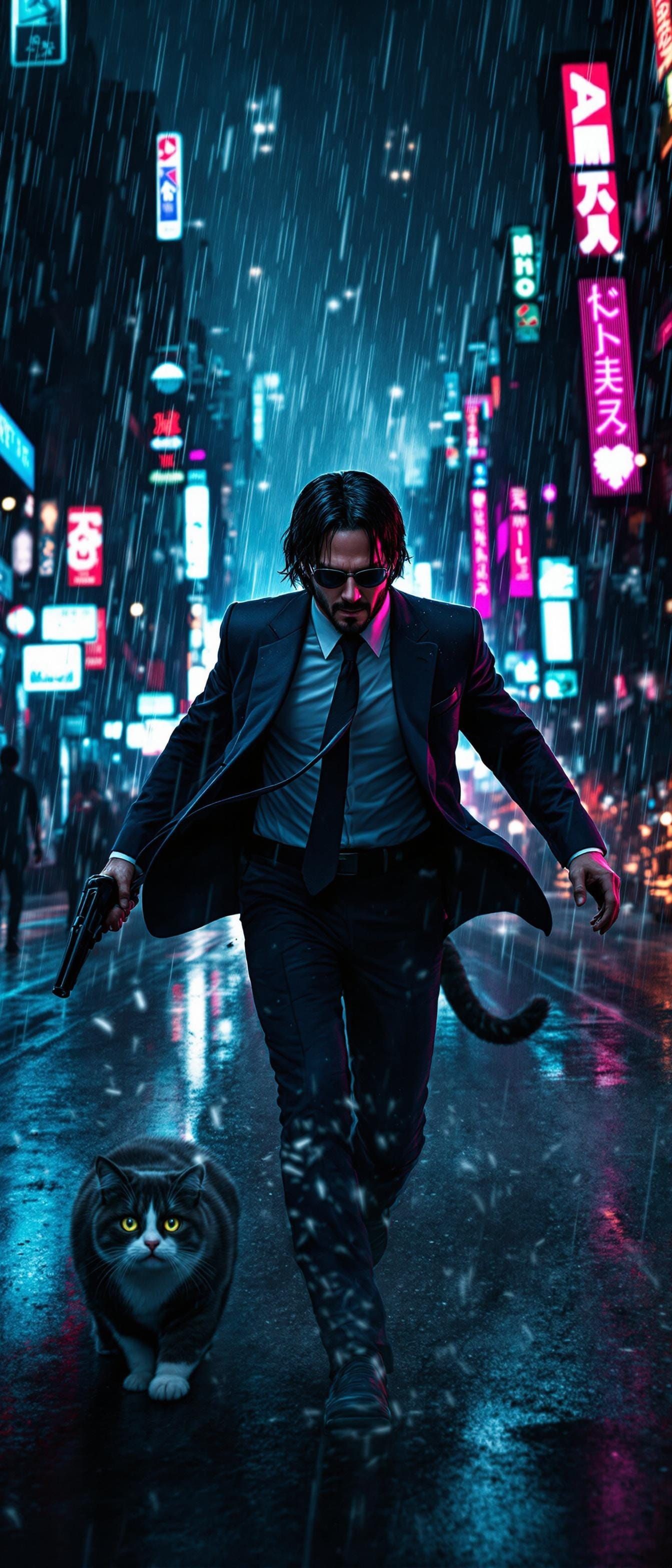 John Wick and Oreo Unleash Feline Fury in Neon-Lit City
