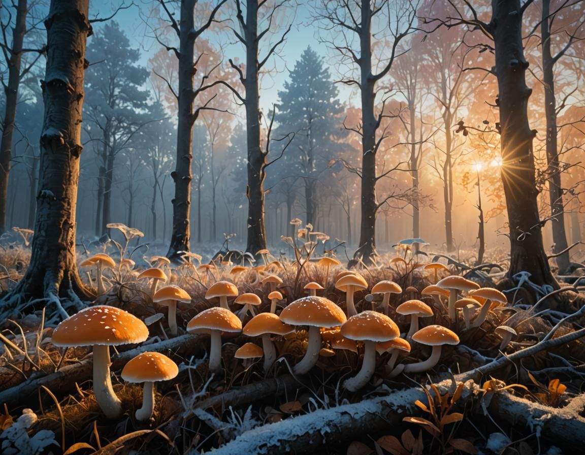 Frosty Autumn Forest with Glowing Mushrooms