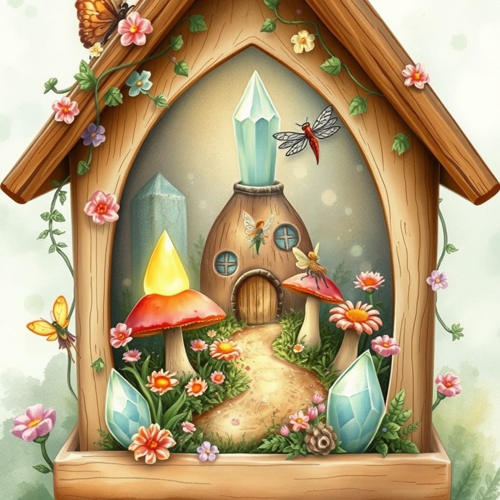 Miniature Fairy Kingdom Hidden in Birdhouse, Watercolor Styl...