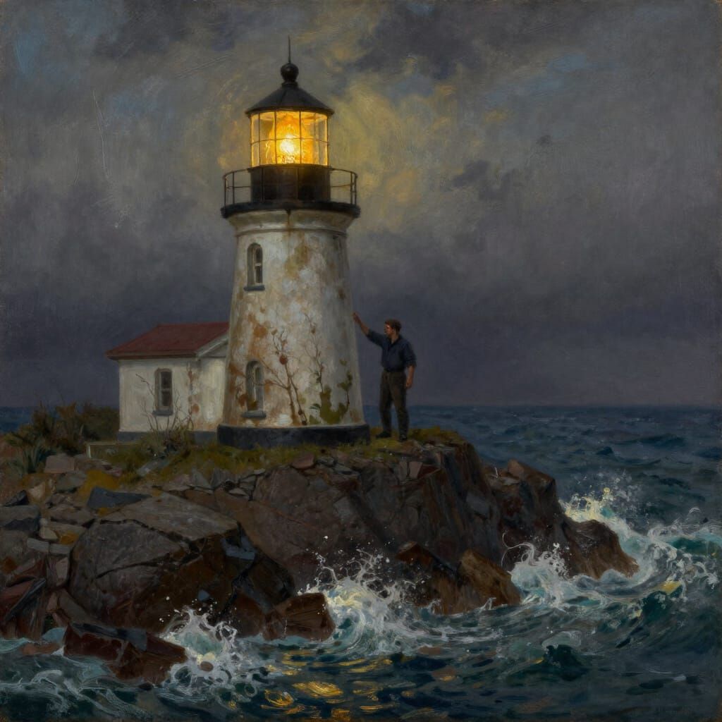 Lighthouse Keeper's Solitude: Ancient Tower on Stormy Seas