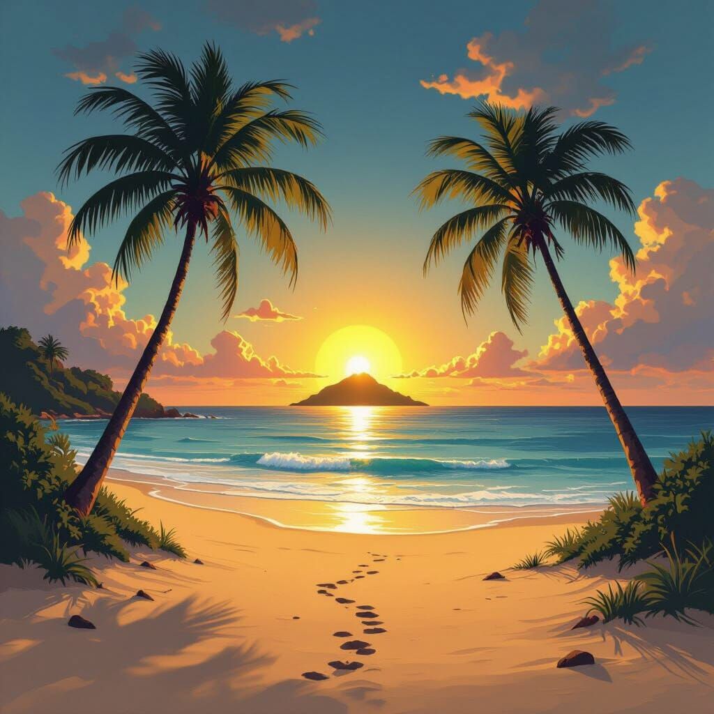 Vibrant Sunset over Deserted Beach with Island