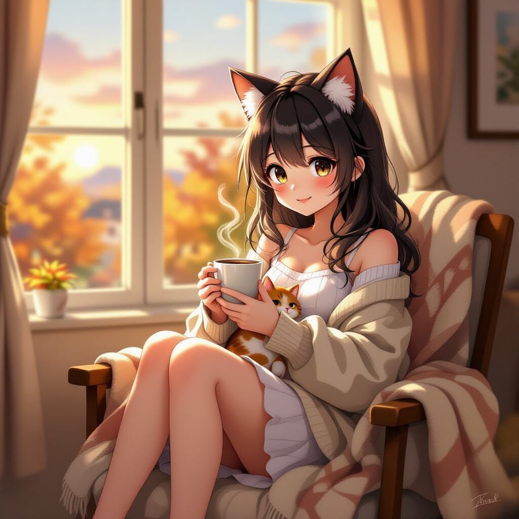 Anime Girl with Cat Ears and Cat at Dawn