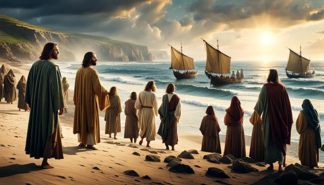 Jesus and Apostles Walking on Seashore: Matte Painting