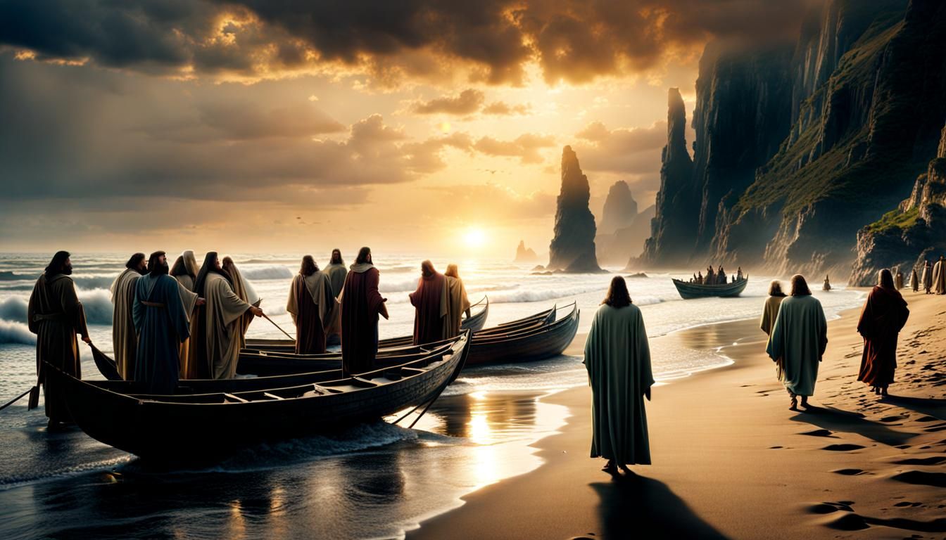 Jesus and Apostles Walking by Seashore: Matte Painting
