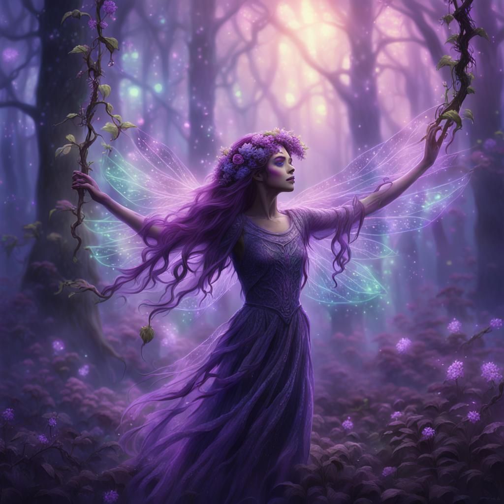 Purple Dryad Dancing in Misty Forest