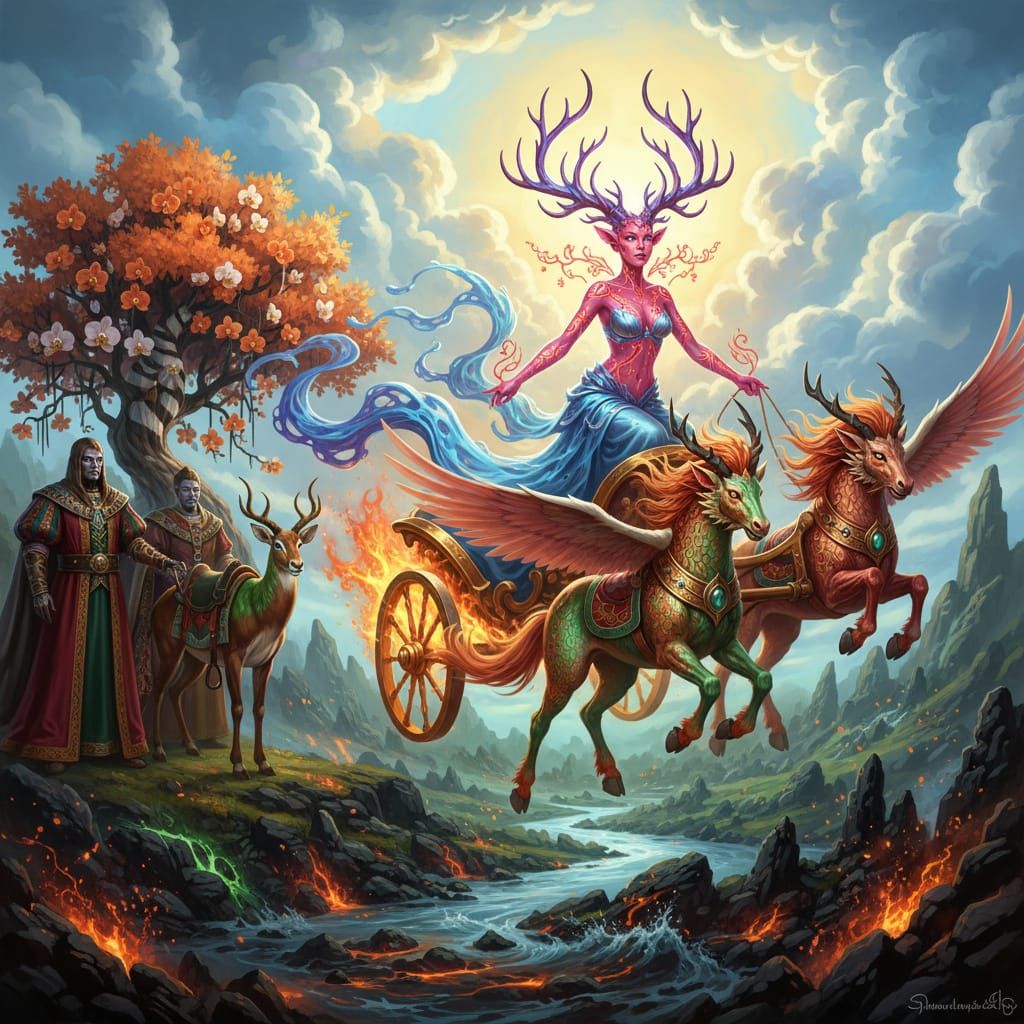 Fantasy Satyr with Iridescent Antlers in Apollo's Chariot