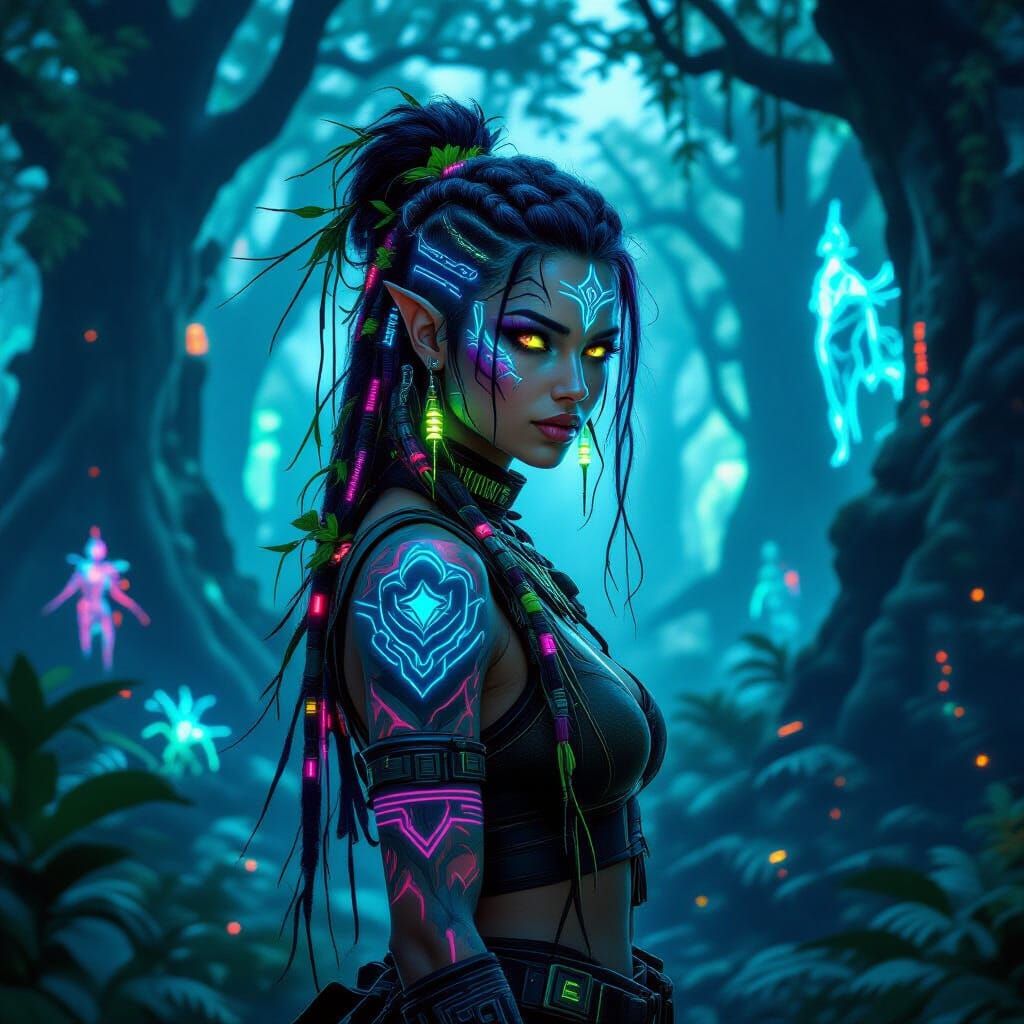 Cyberpunk Druidess in Bioluminescent Neon Forest