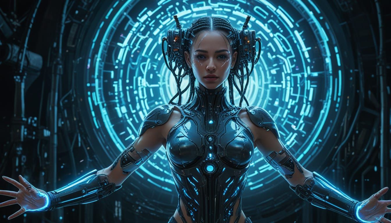 Cyberpunk Goddess Emerges from Shimmering Vortex in Crystal ...