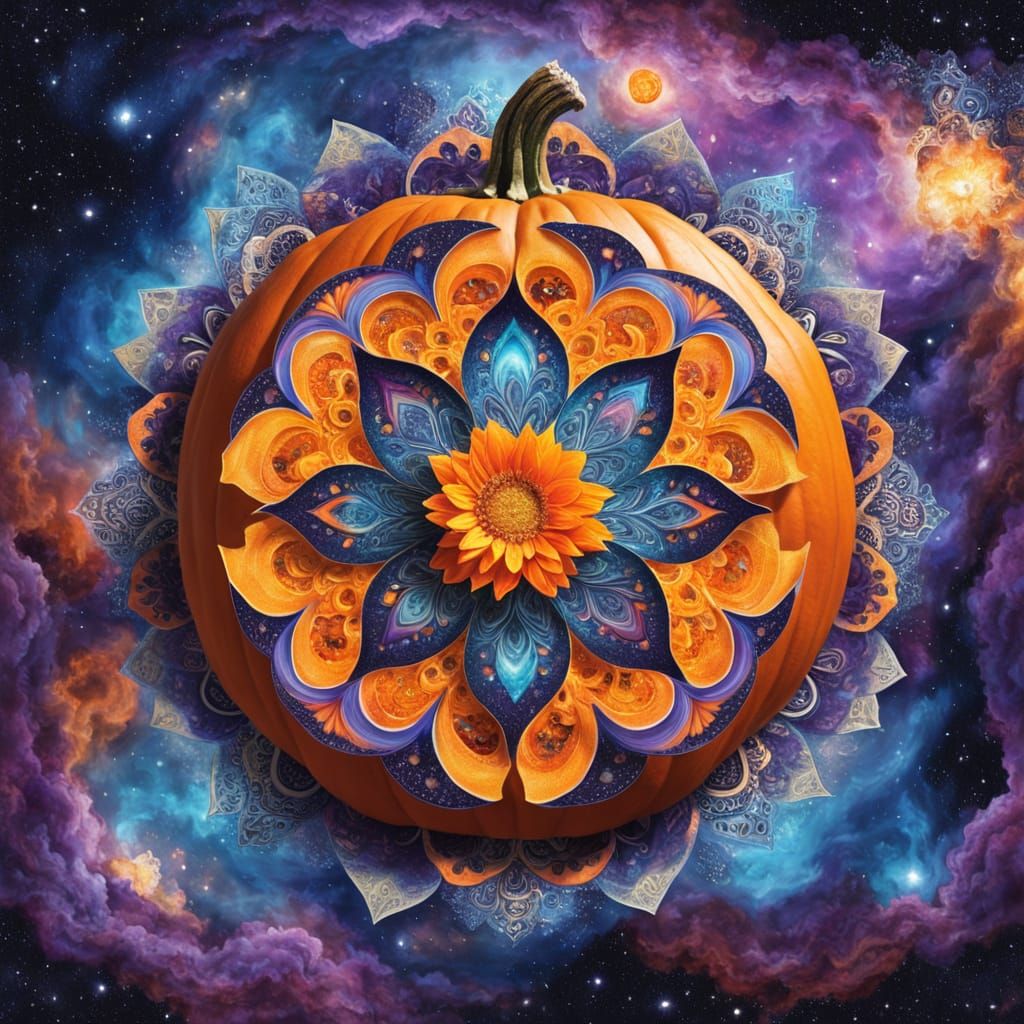 Vibrant Pumpkin Mandala in Cosmic Nebula