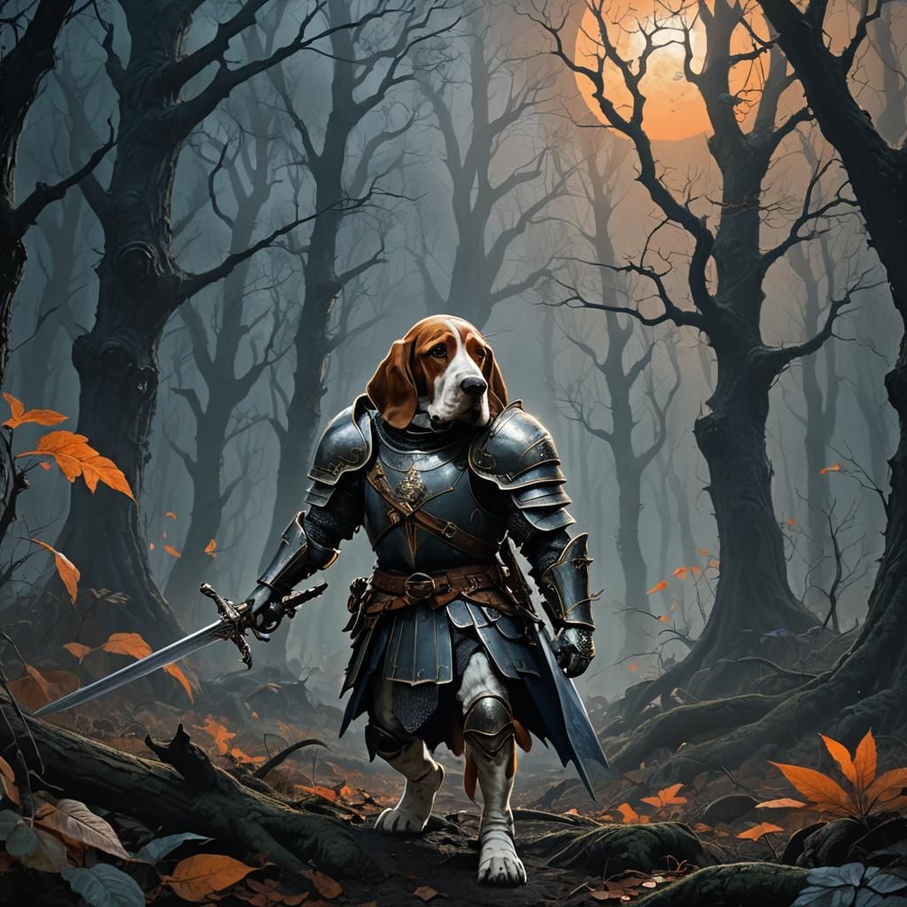 Basset Hound Knight in Dark Forest, Gothic Fantasy Art