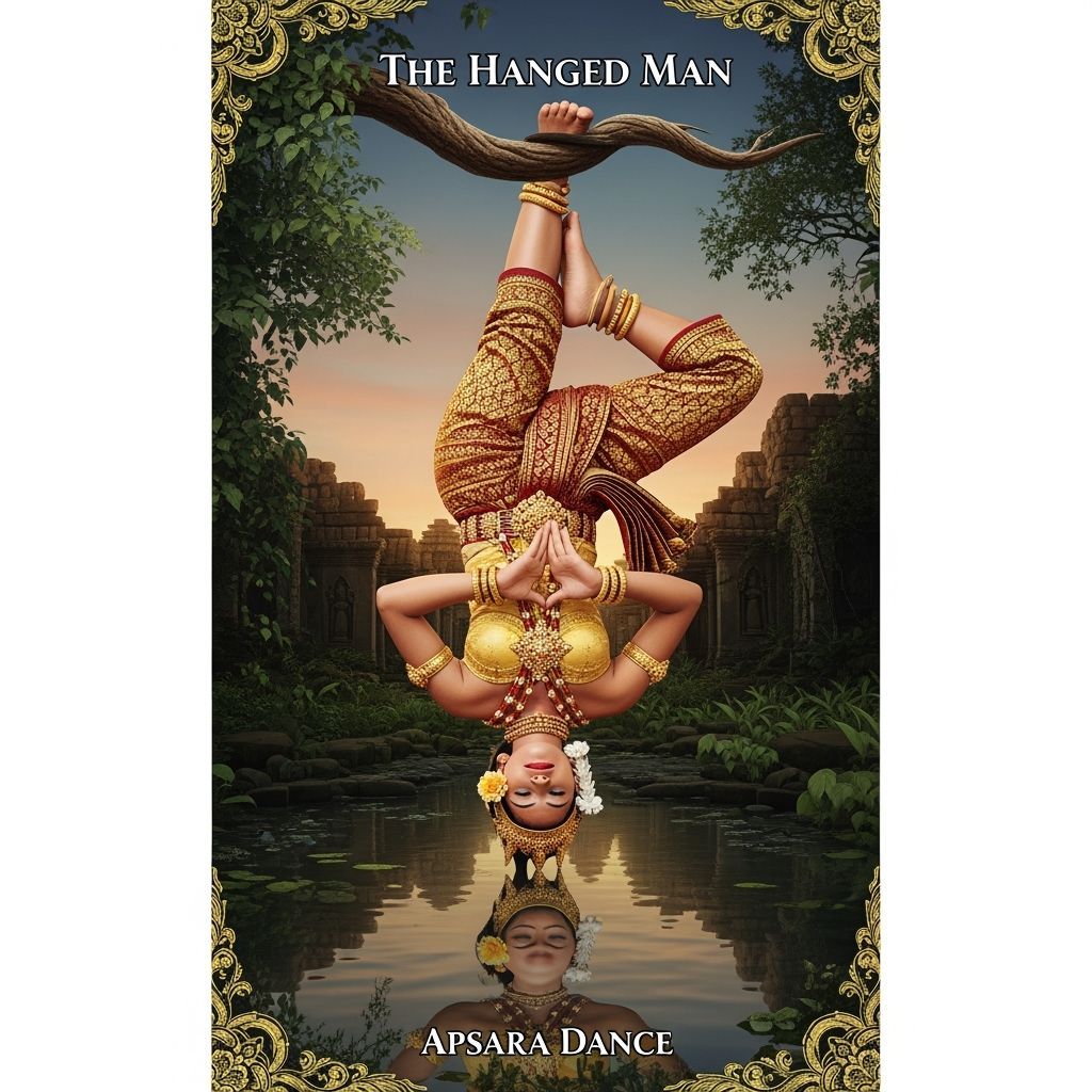 a tarot card representing  The Hanged Man using Apsara Dance...