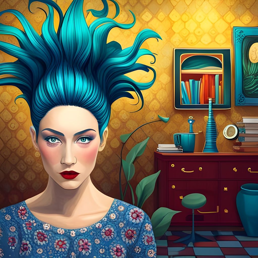 Blue Haired Lady in Art Brut Style