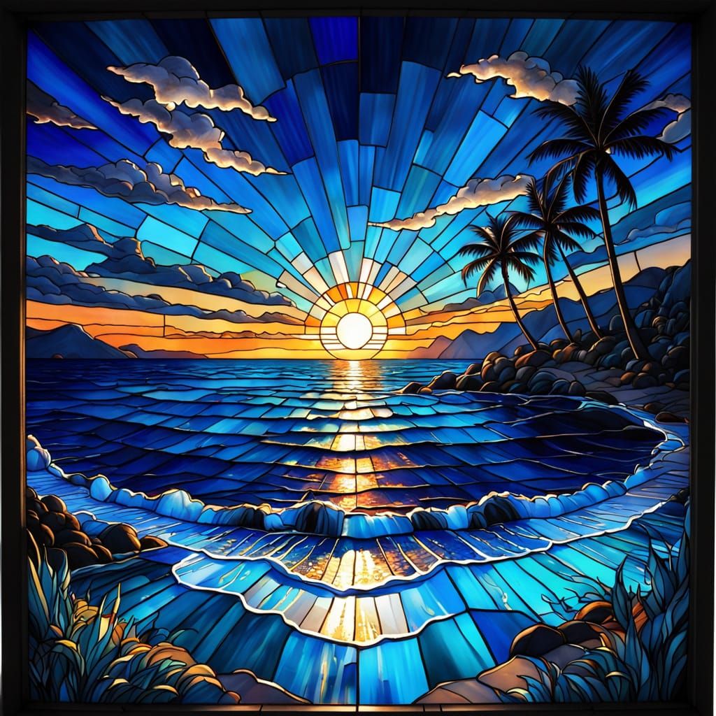 Blue Sunset Stained Glass Window Art