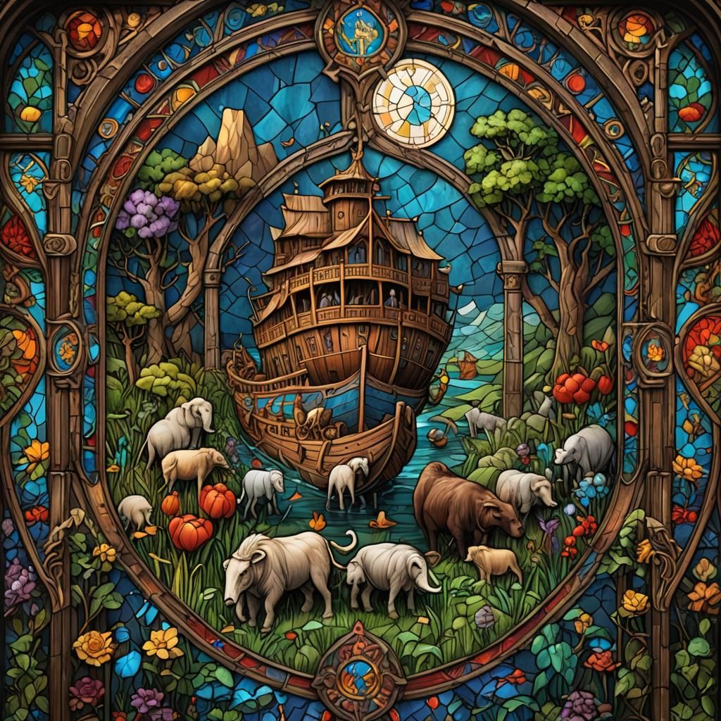 Medieval Stained Glass Noah's Ark: Detailed Matte Painting