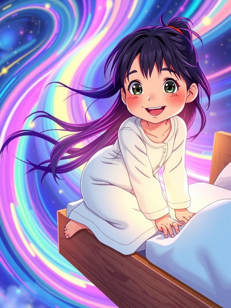 Girl on Flying Bed Soaring Through Rainbow Winds