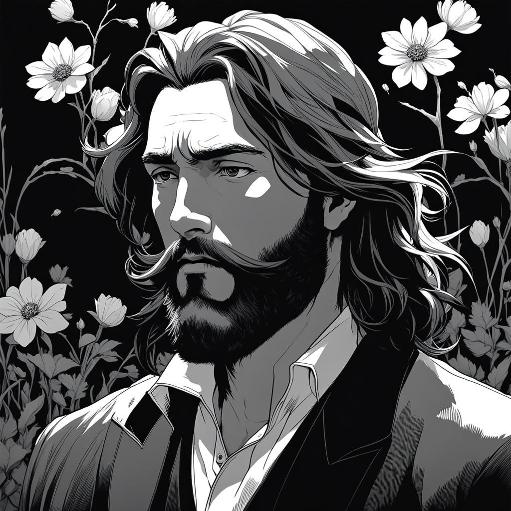 Man with Flowers in Hair: Watercolor Style