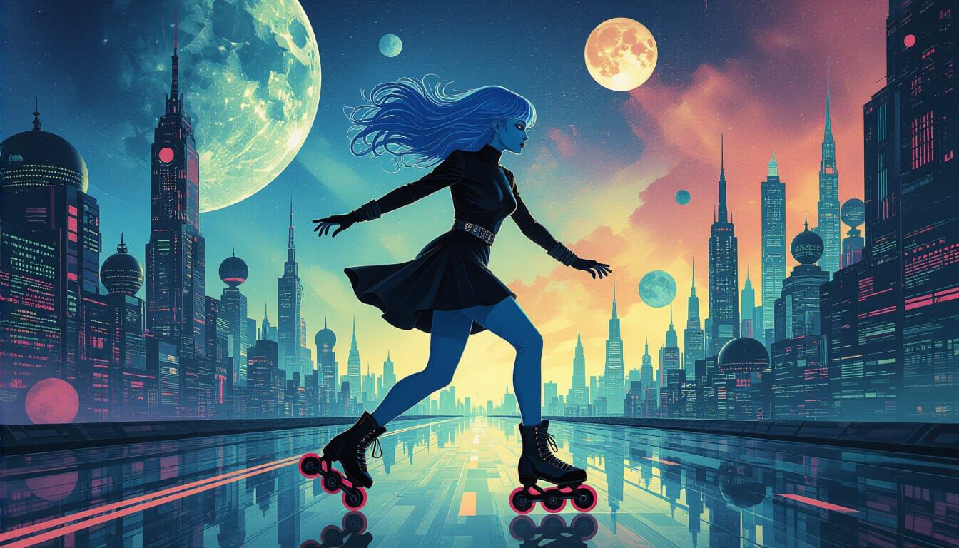 Alien Woman Rollerblading in Cyberpunk City