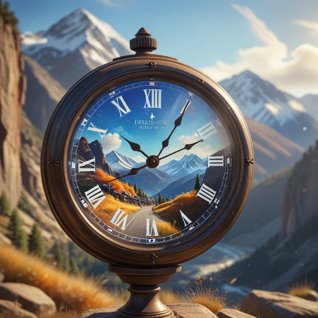 Hyperrealistic Clock With Person in Windy Landscape