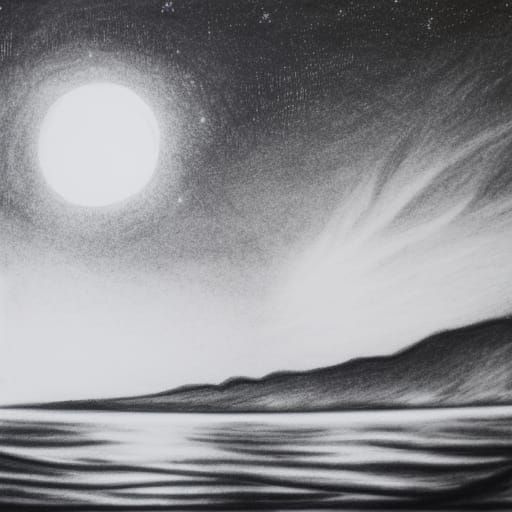 Moonlit Ocean with Shooting Star: Charcoal Drawing