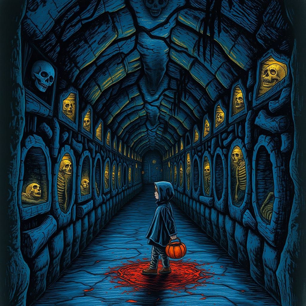 Macabre Bioluminescent Catacombs with Mummified Bodies