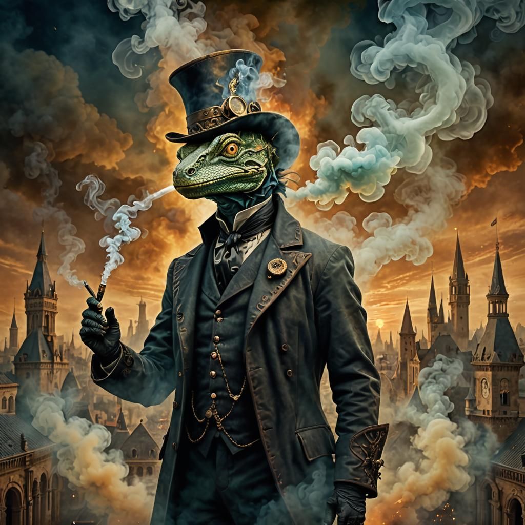 Steampunk Wizard Lizard Portrait in Smokey City