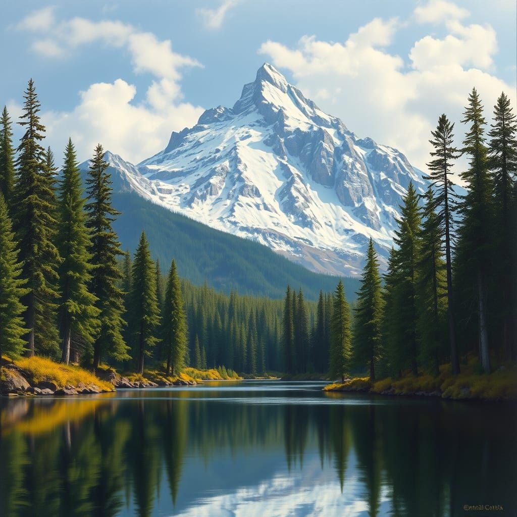 Majestic Snow-Capped Mountain Overlooking Pine Forest and La...
