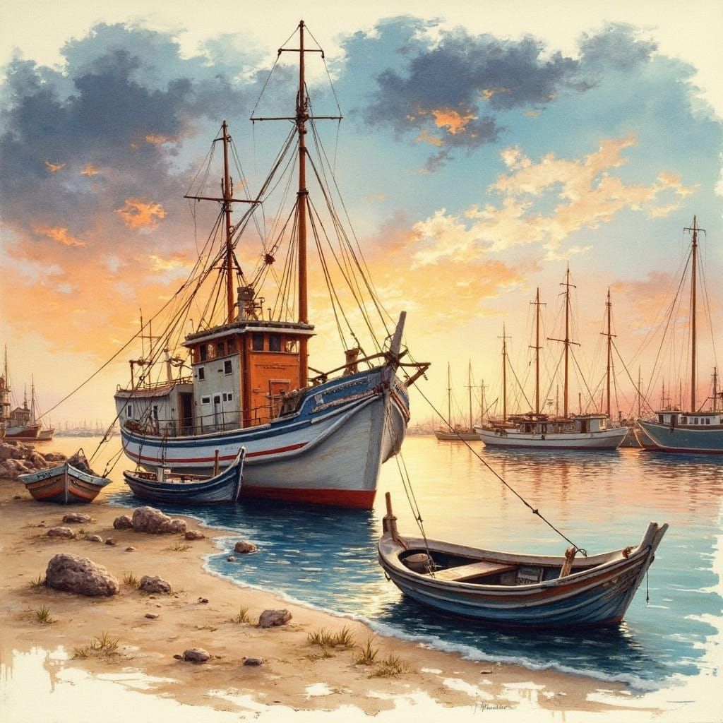 Serenity of Sunset on the French Harbor, in Impressionist St...